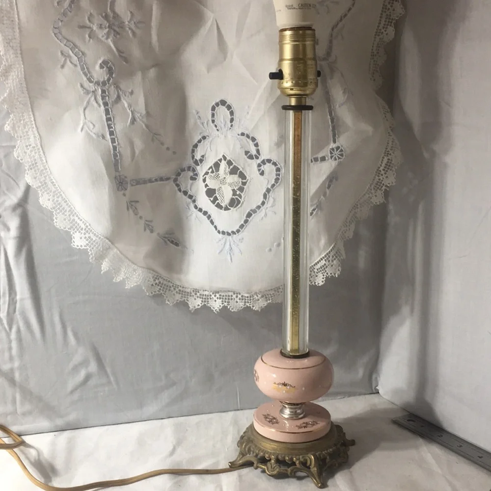 Vintage pink China/lucite tall table lamp.